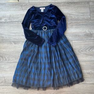 Emily West  Girl’s Long Sleeve Blue Velvet Plaid Mesh Lining Dress
